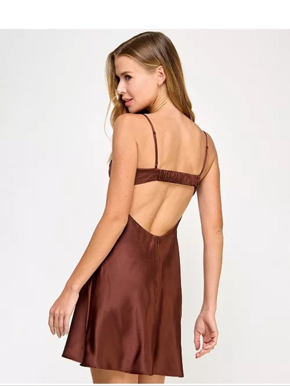 Seni & Cade Slip Dress Women XS Brown Satin Lace Trim Mini Night Out NWT Y2k - Picture 2 of 12